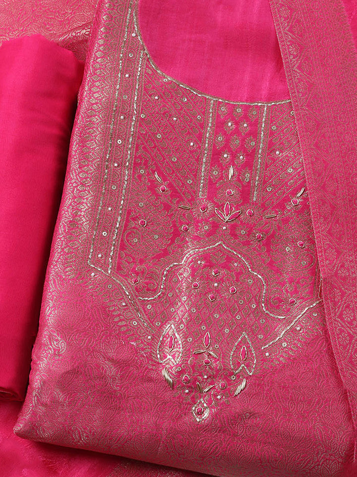 Embroidered Chanderi Unstitched Kurta With Pant &amp; Dupatta