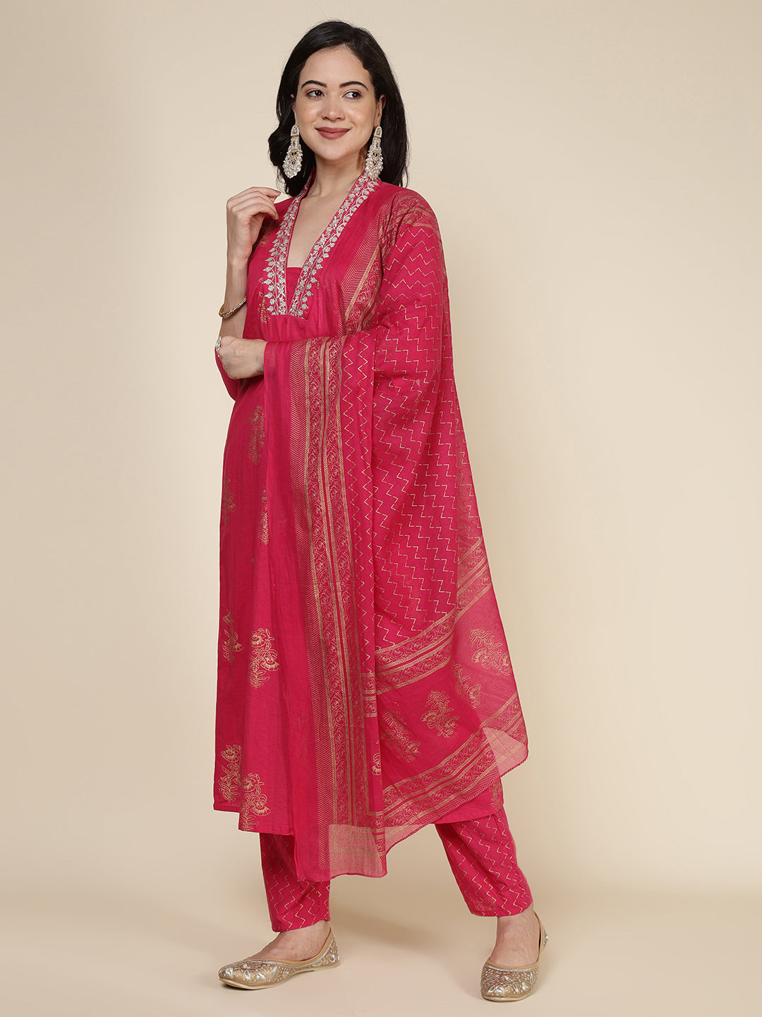 Printed Cotton Blend Kurta With Pants &amp; Dupatta