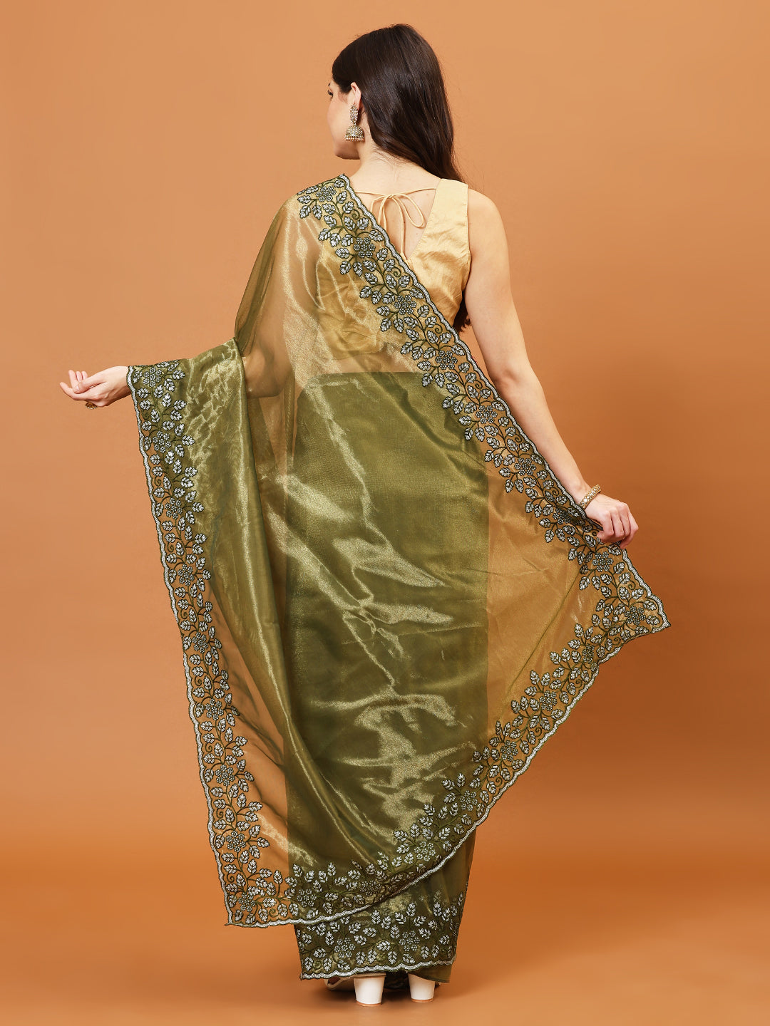 Plain Thread Border Embroidered Tissue Saree