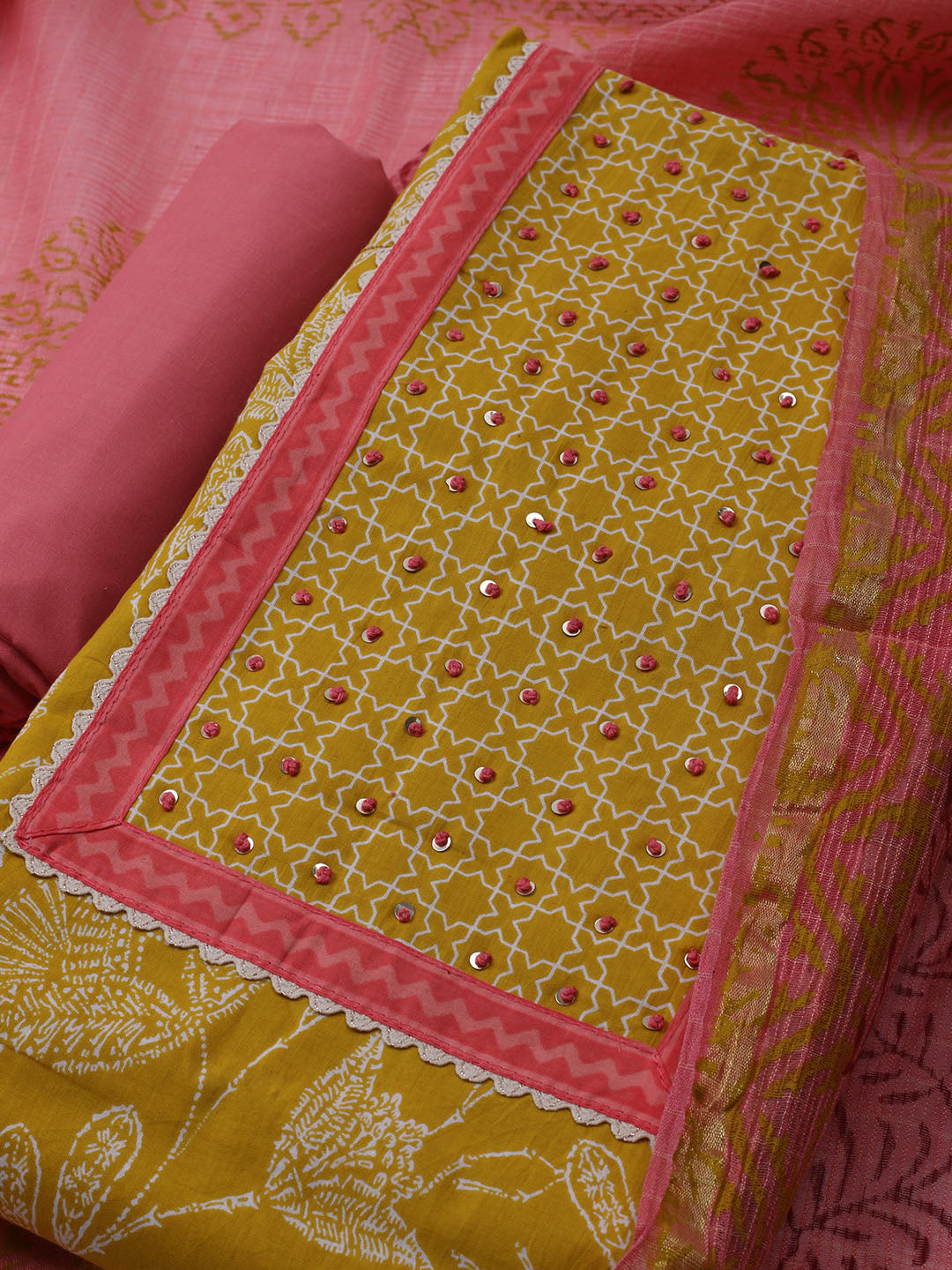 Printed Cotton Blend Unstitched Suit With Dupatta