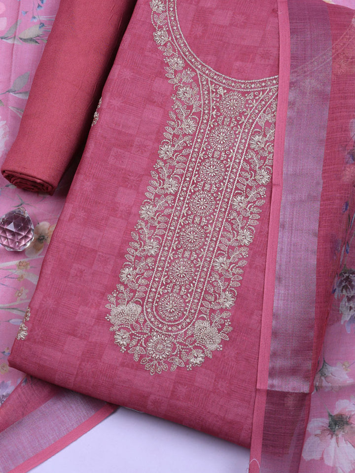 Embroidered Linen Blend Unstitched Suit With Pant &amp; Dupatta