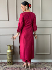 Neck Embroidery Cotton Blend Kurta With Pants & Dupatta