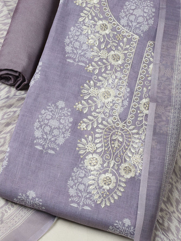 Embroidered Linen Blend Unstitched Suit With Pant &amp; Dupatta