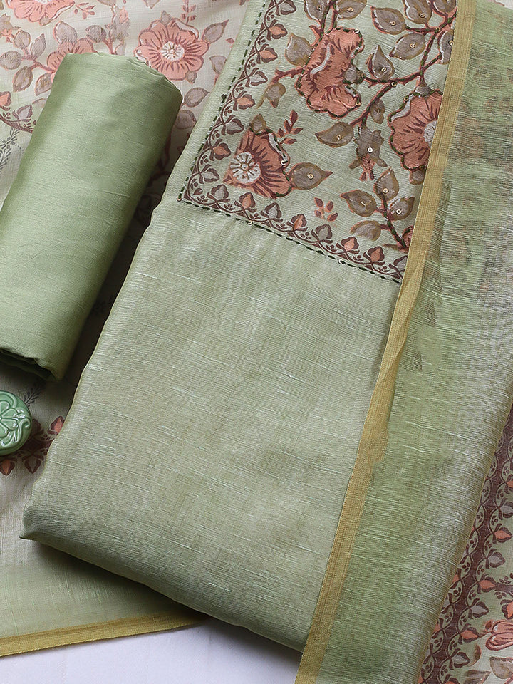 Embroidered Chanderi Unstitched Suit With Pant &amp; Dupatta