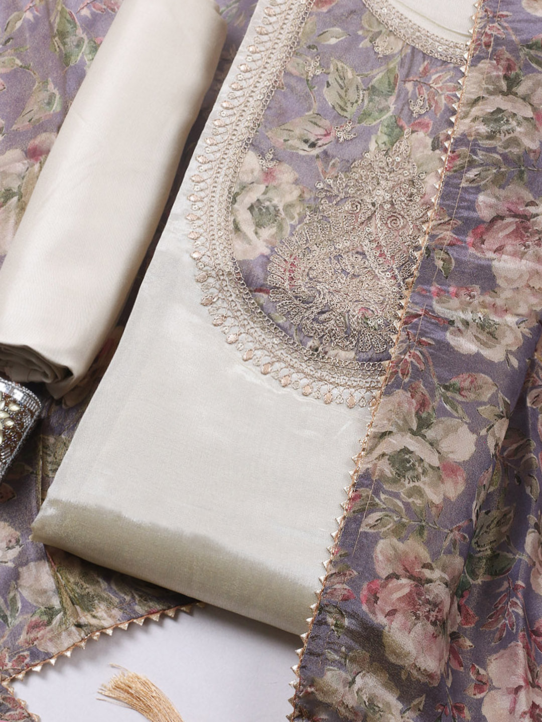 Embroidered Tissue Unstitched Suit With Pant &amp; Dupatta