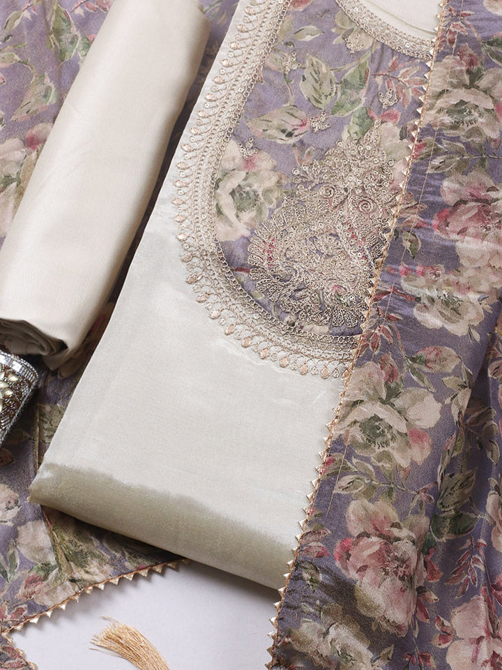 Embroidered Tissue Unstitched Suit With Pant &amp; Dupatta