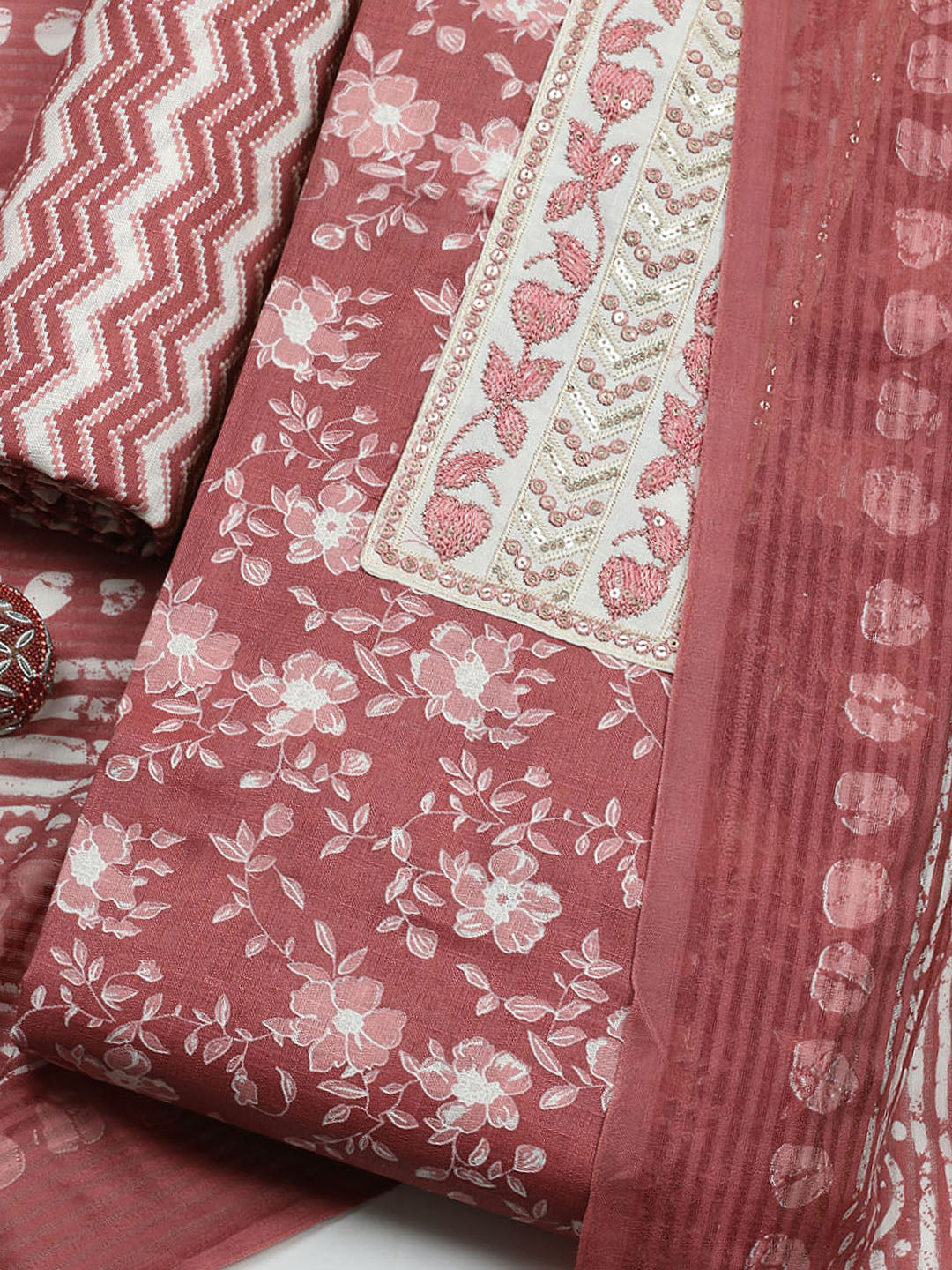 Printed Cotton Blend Unstitched Suit With Pant &amp; Dupatta