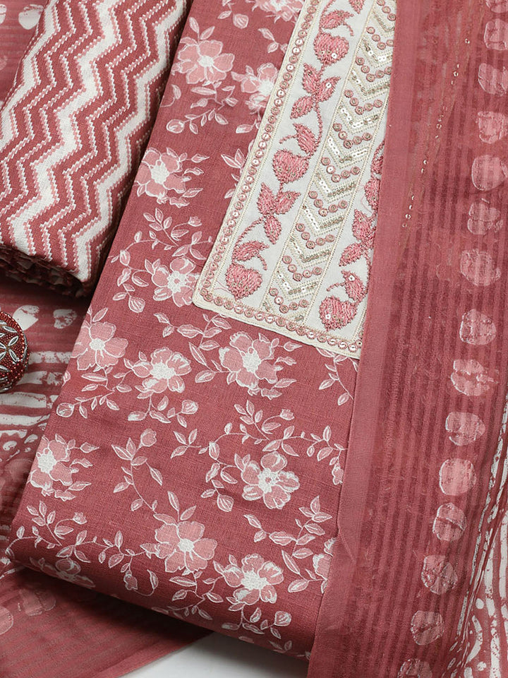 Printed Cotton Blend Unstitched Suit With Pant &amp; Dupatta