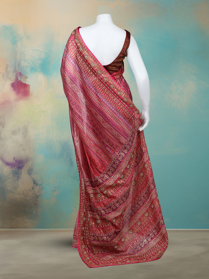 Printed &amp; Embellished Organza Saree