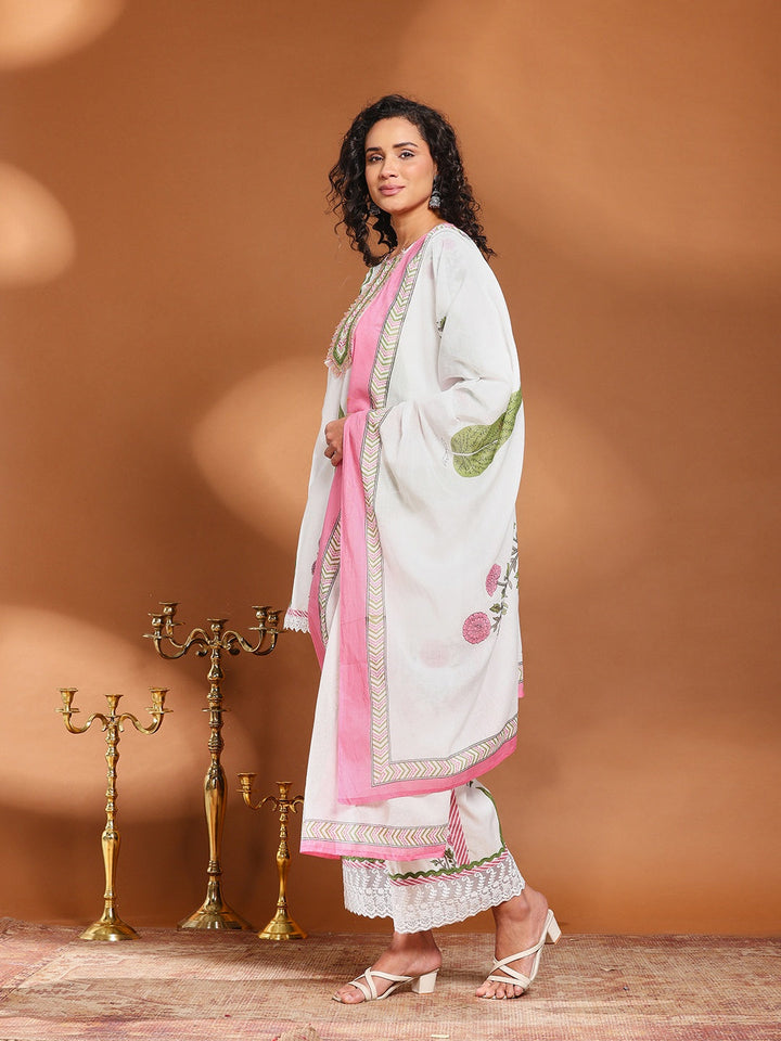 Printed Cotton Blend Kurta With Pant &amp; Dupatta