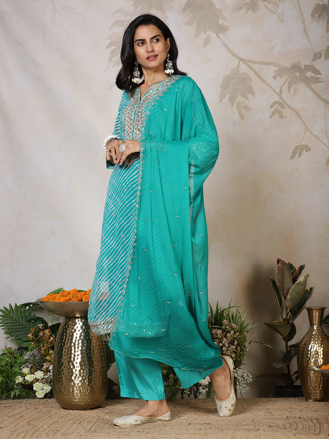 Embroidered Georgette Kurta With Pants &amp; Dupatta