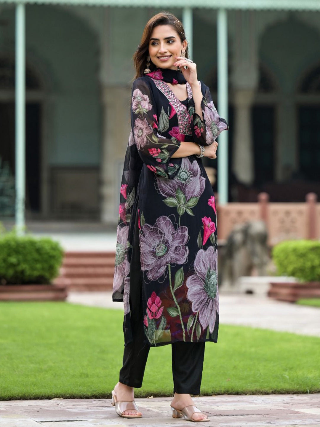 Printed Georgette Kurta With Pants &amp; Dupatta