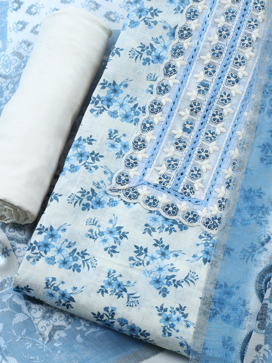 Printed Linen Blend Unstitched Suit With Pant &amp; Dupatta