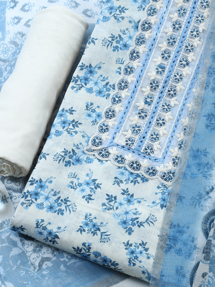 Printed Linen Blend Unstitched Suit With Pant &amp; Dupatta