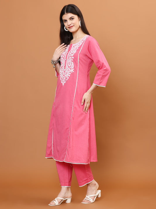 Resham Work Cotton Blend Kurti With Pants