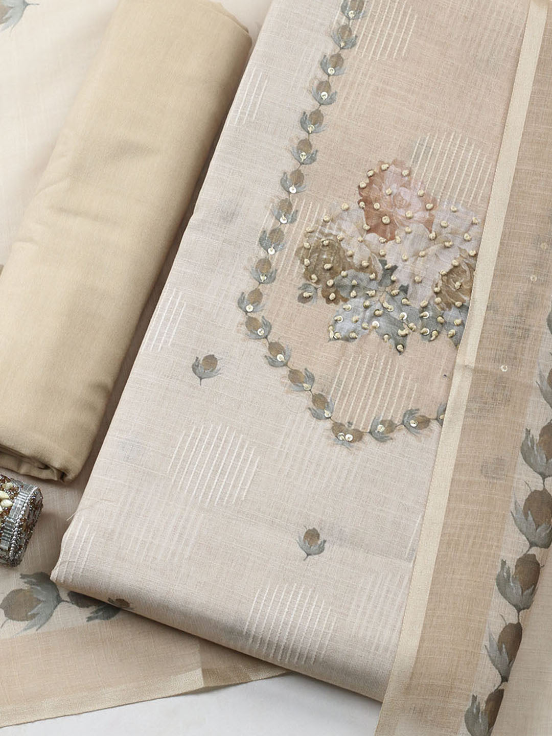 Embroidered Linen Blend Unstitched Suit With Pant Dupatta
