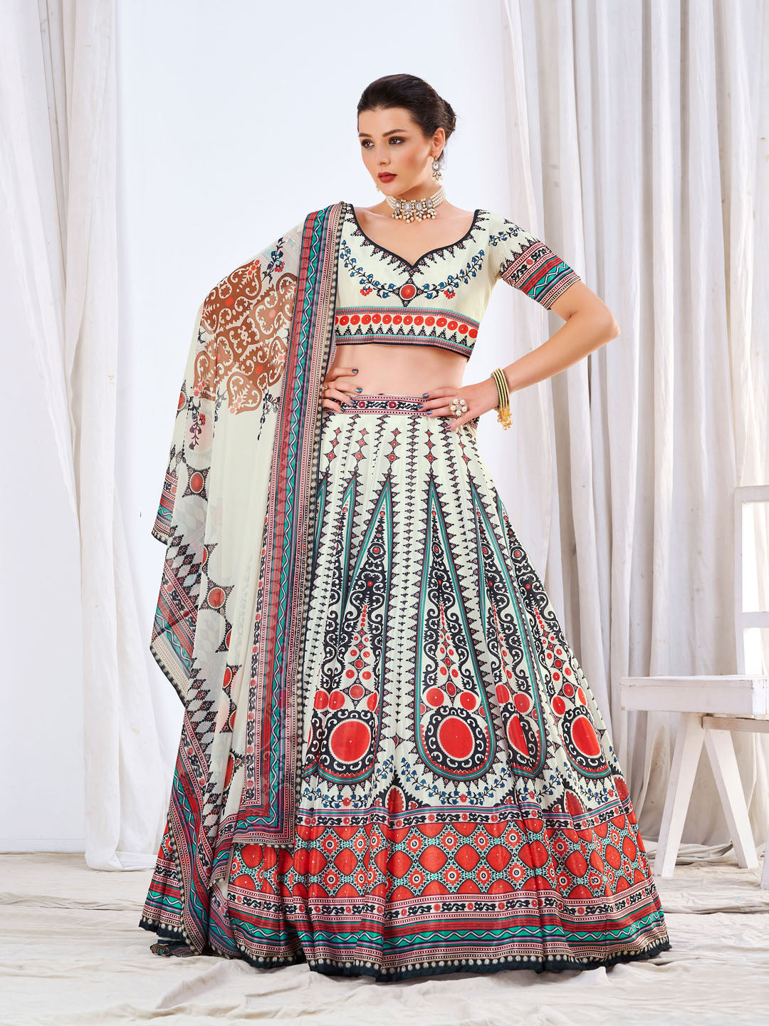 Printed Crepe Choli With Lehenga & Dupatta