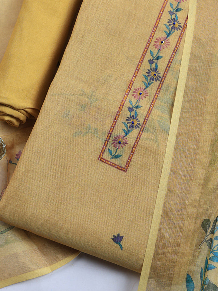 Printed Linen Blend Unstitched Suit With Pant &amp; Dupatta