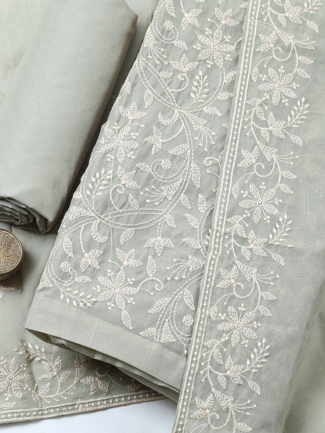 Embroidered, Cotton Blend Unstitched Suit With Pant &amp; Dupatta