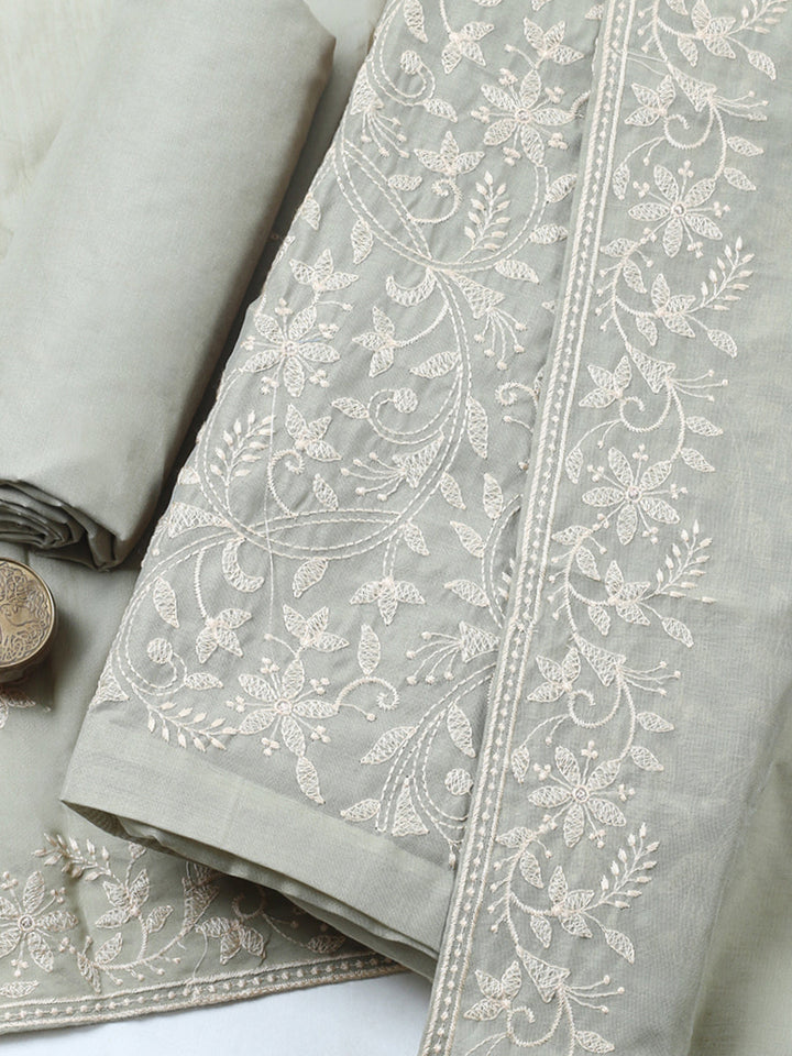 Embroidered, Cotton Blend Unstitched Suit With Pant &amp; Dupatta