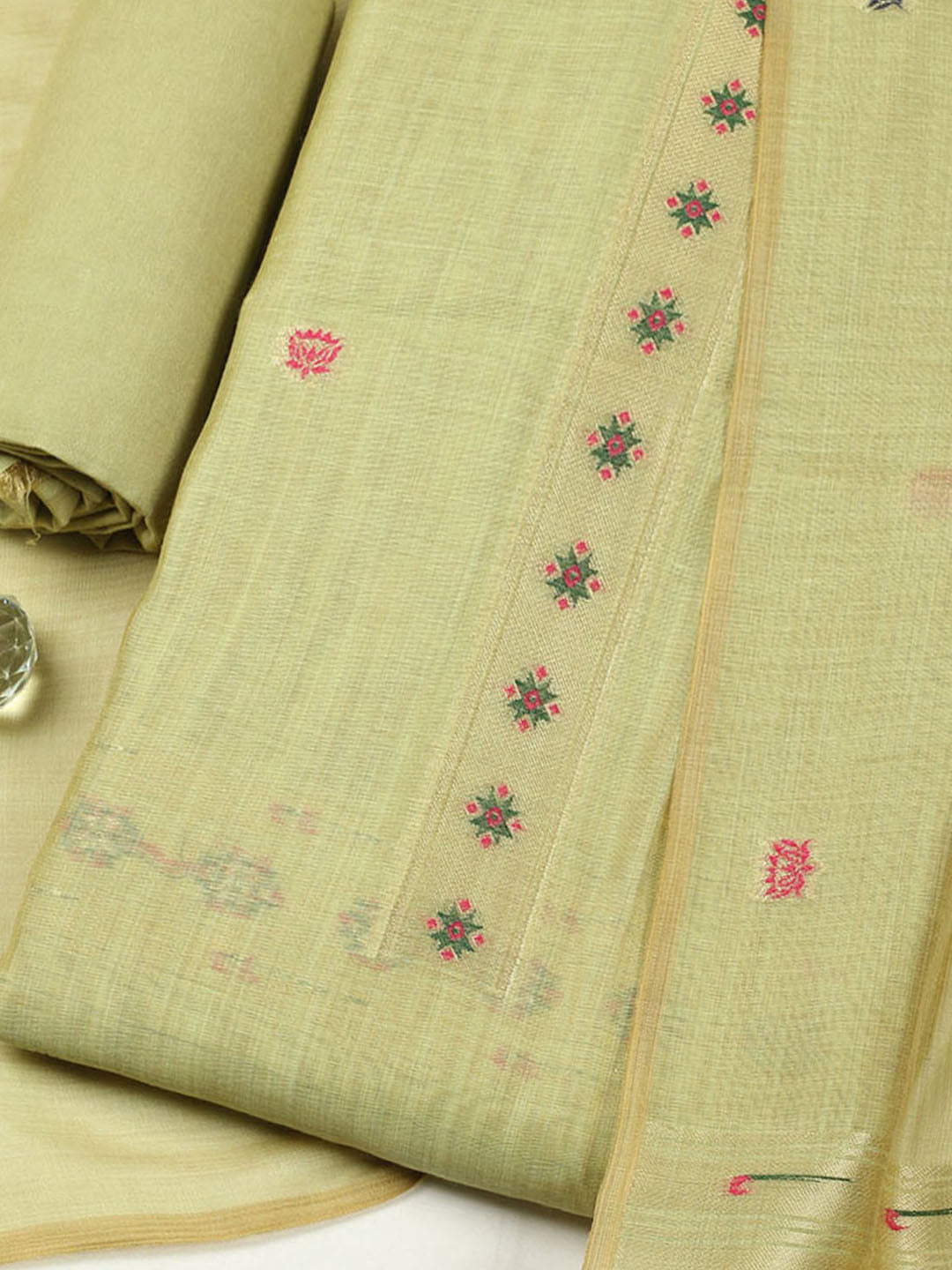 Embroidered Chanderi Unstitched Suit With Pant &amp; Dupatta