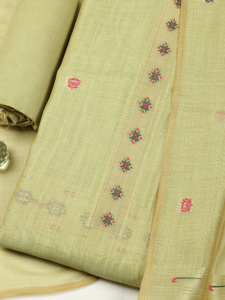 Embroidered Chanderi Unstitched Suit With Pant &amp; Dupatta