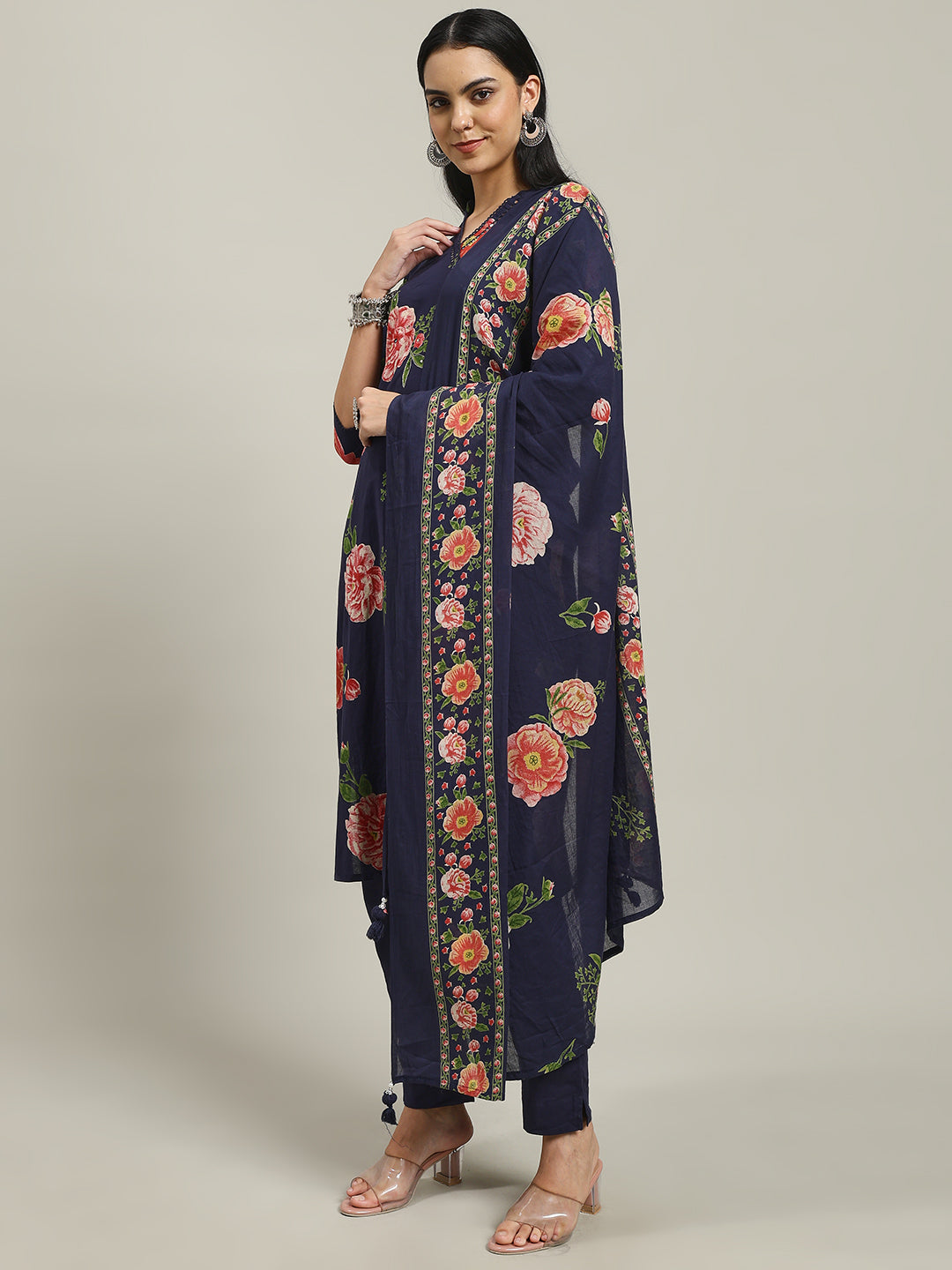 Printed Cotton Blend Kurta With Pants & Dupatta