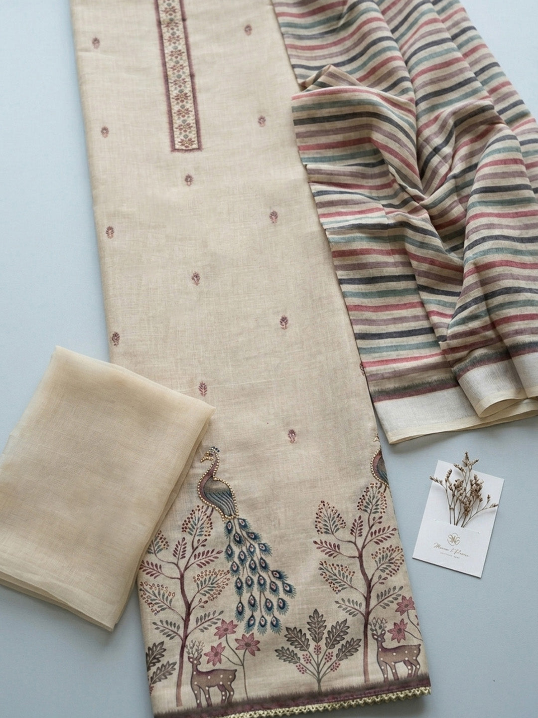 Printed Cotton Blend Unstitched Suit With Pant &amp; Dupatta