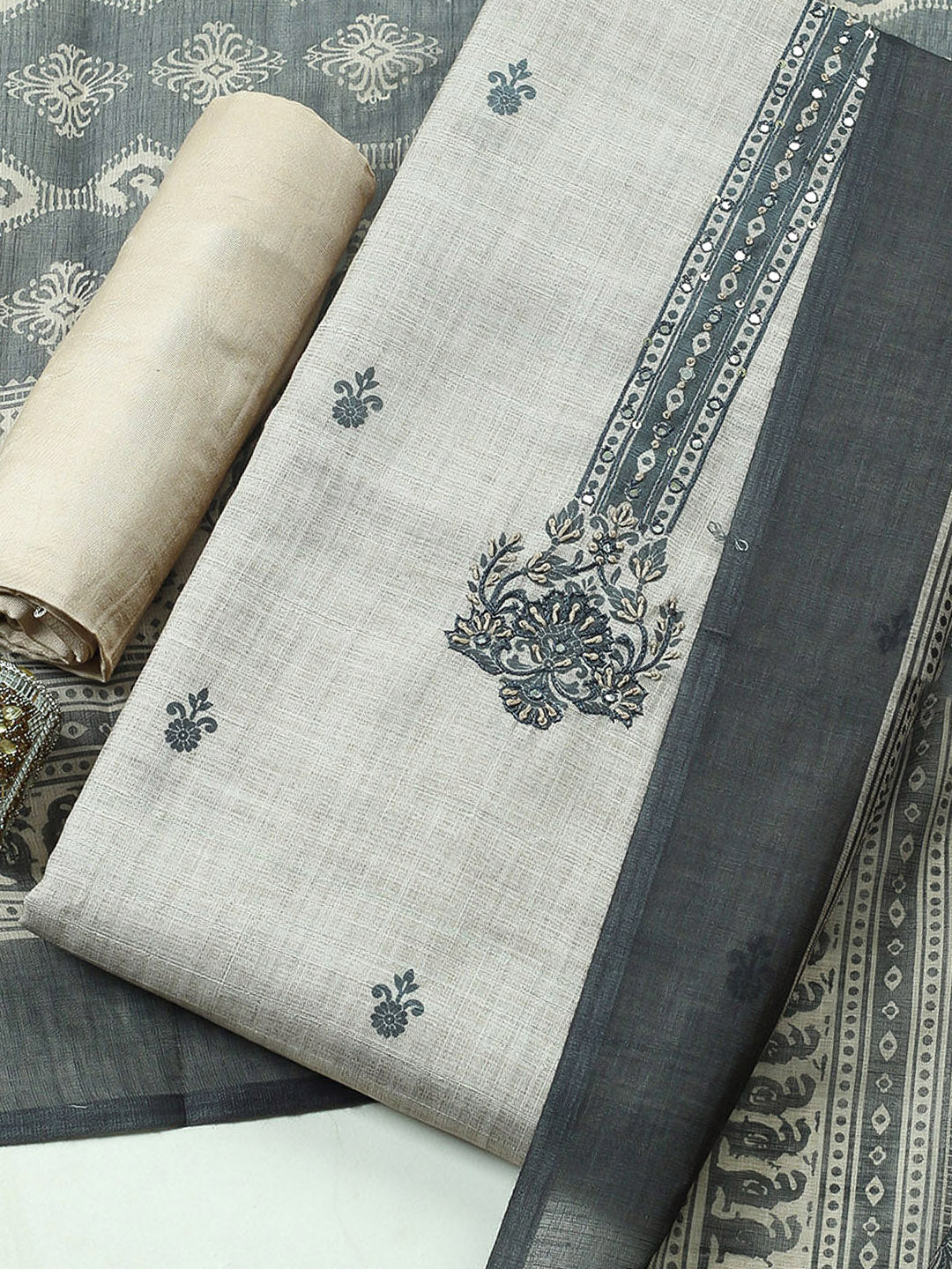 Embroidered Cotton Blend Unstitched Suit With Pant &amp; Dupatta