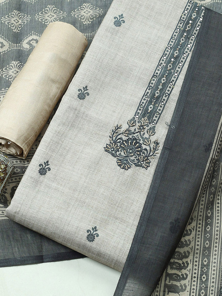 Embroidered Cotton Blend Unstitched Suit With Pant &amp; Dupatta