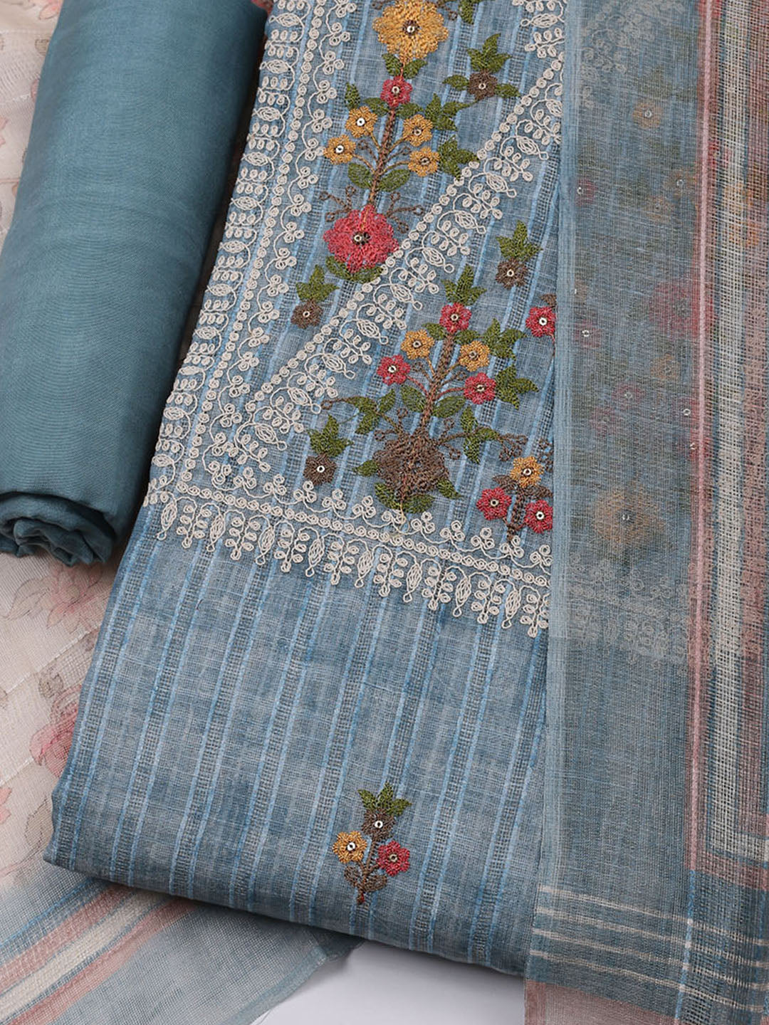 Embroidered Linen Unstitched Kurta With Pant & Dupatta