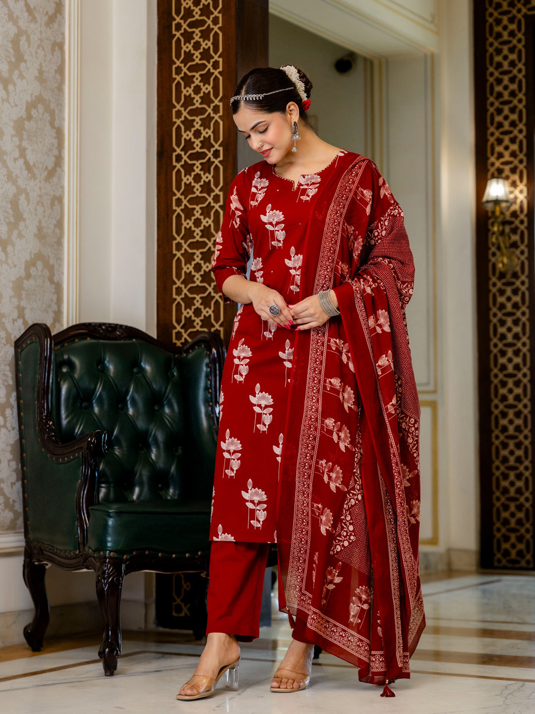 Red Printed Cotton Blend Round Neck Suit Set