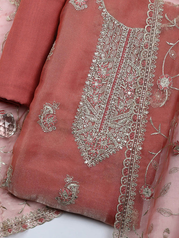 Embroidered Tissue Unstitched Suit With Pant &amp; Dupatta