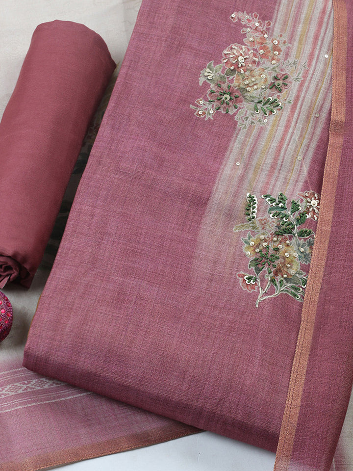 Printed Linen Blend Unstitched Suit With Pant &amp; Dupatta