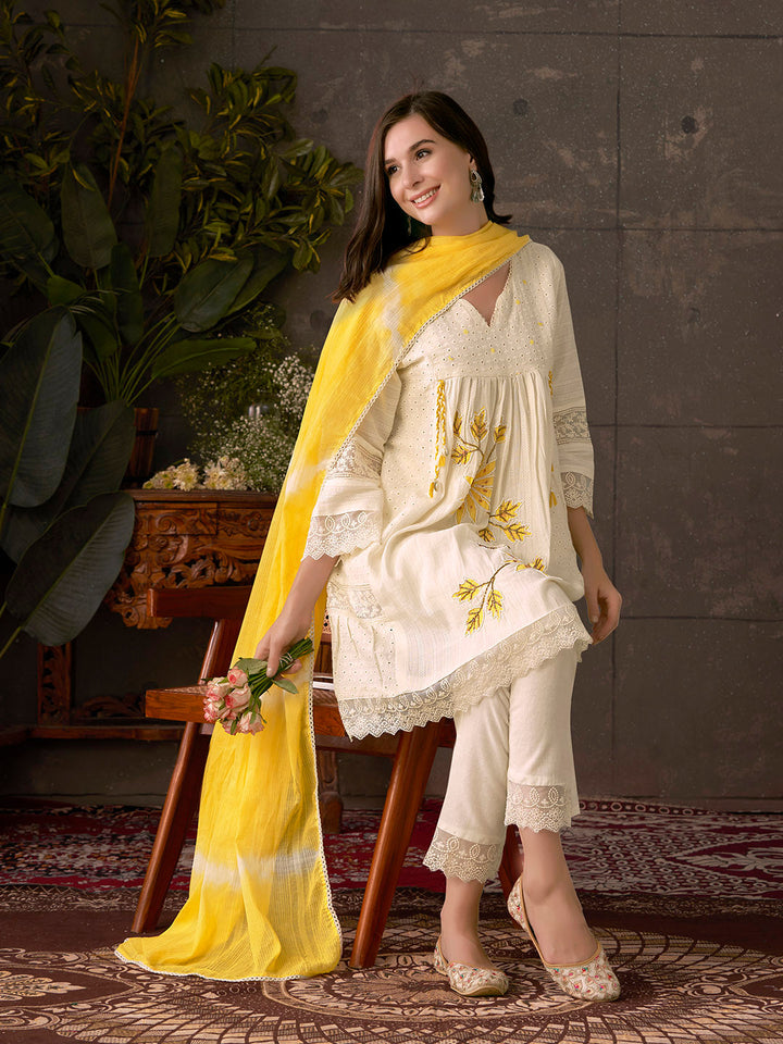 Embroidered Cotton Kurta With Pant &amp; Dupatta