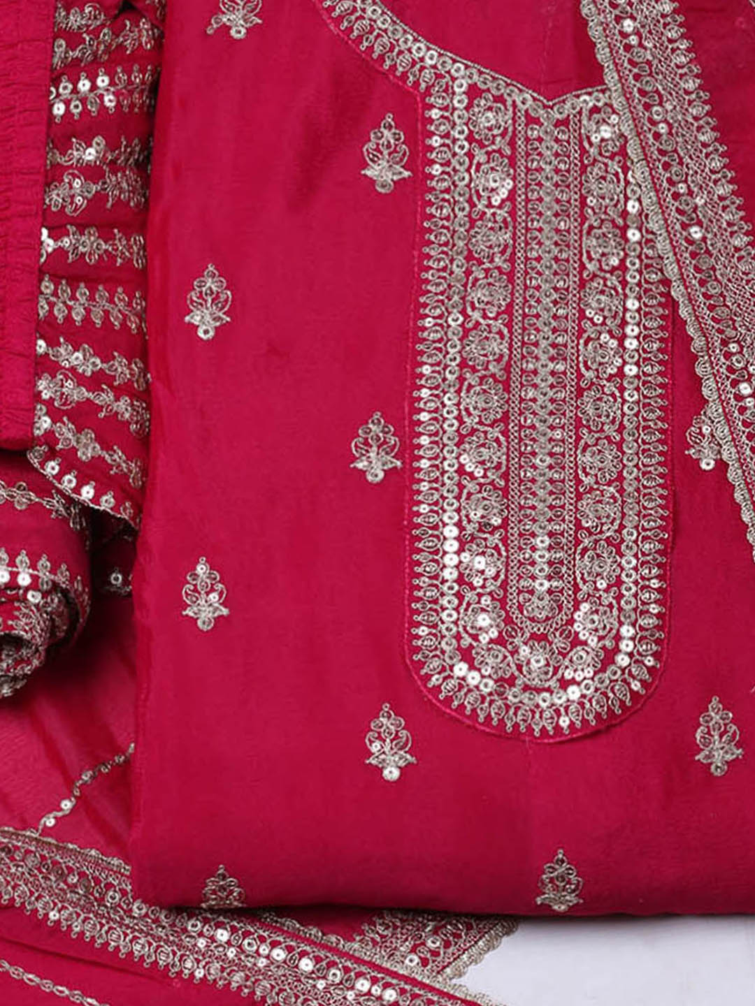 Embroidered Chinon Unstitched Suit With Pant &amp; Dupatta
