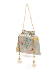 Floral Printed Sea Green Potli Bag