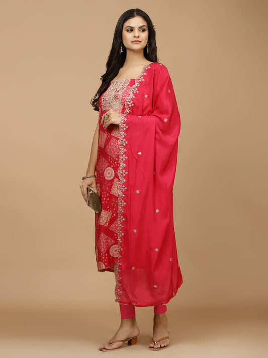 Neck Embroidery & Printed Cotton Unstitched Suit With Dupatta