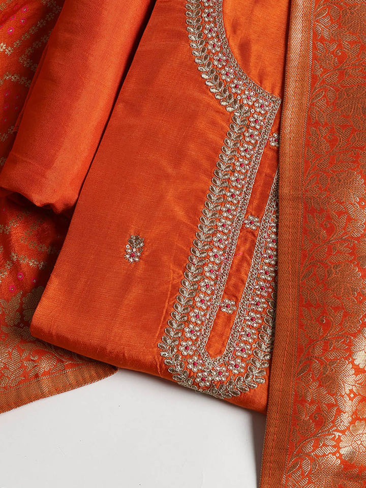 Neck Embroidered Chanderi Unstitched Suit With Dupatta