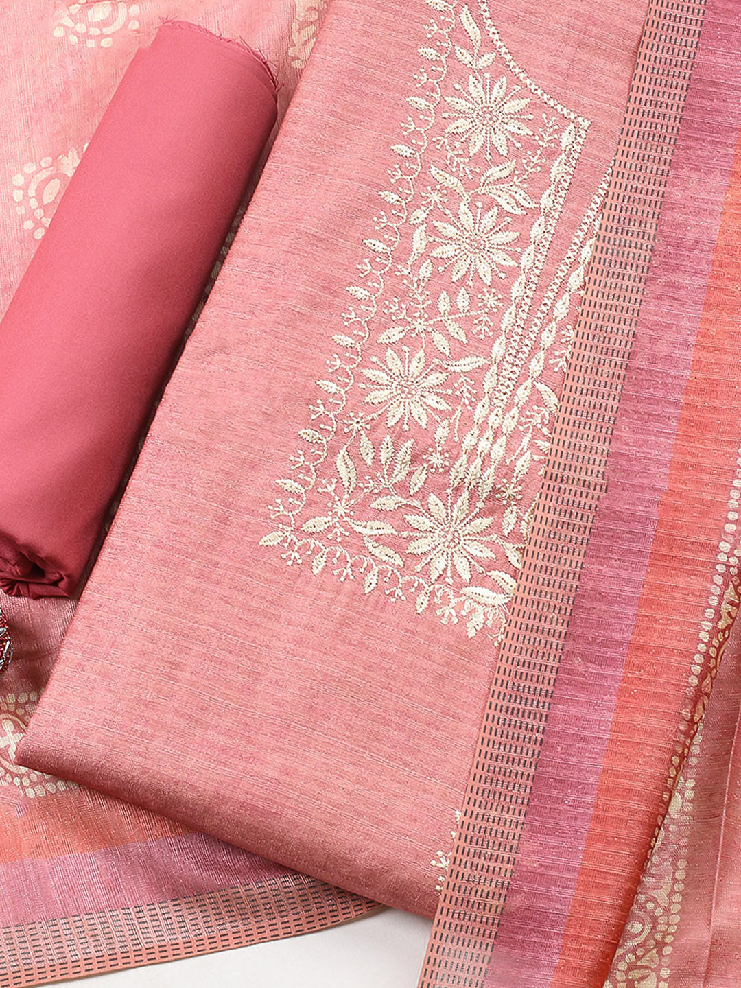Embroidered Chanderi Unstitched Suit With Pant &amp; Dupatta