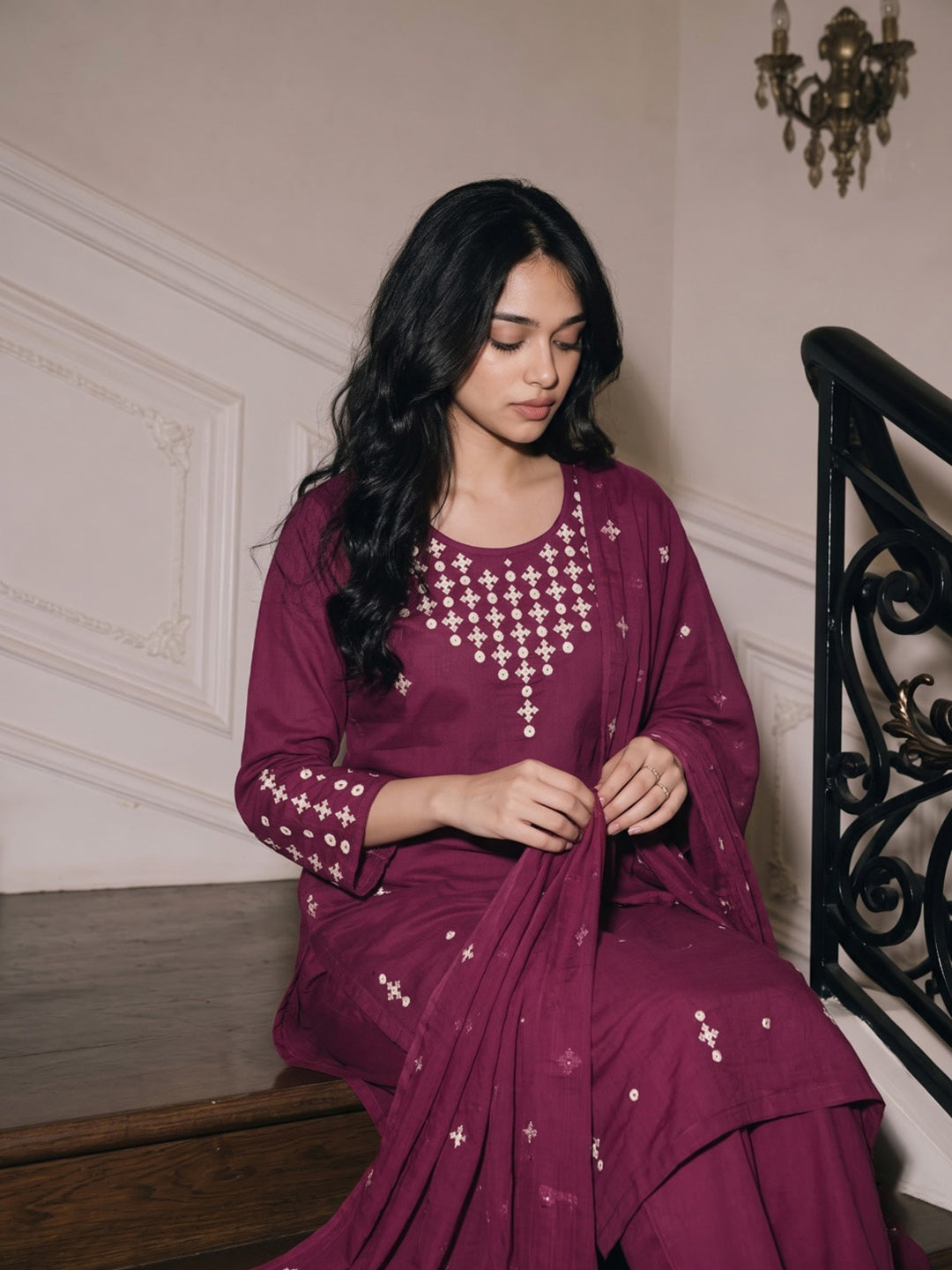 Wine Printed Cotton Blend Kurta With Pant &amp; Dupatta