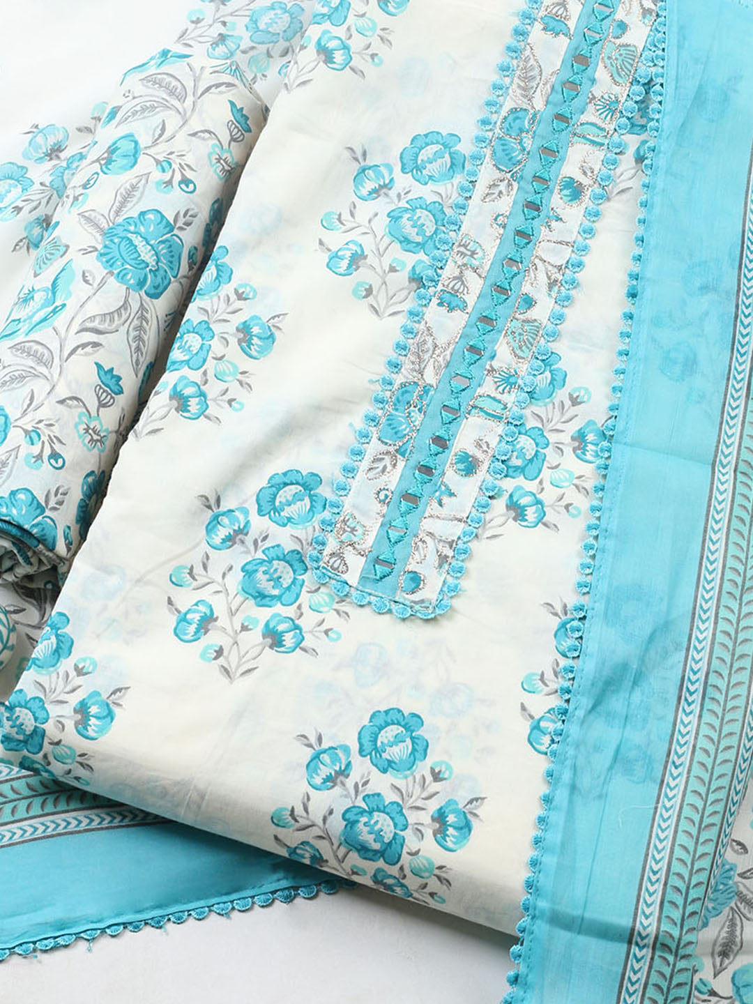 Embellished Cotton Blend Unstitched Suit With Pant Dupatta