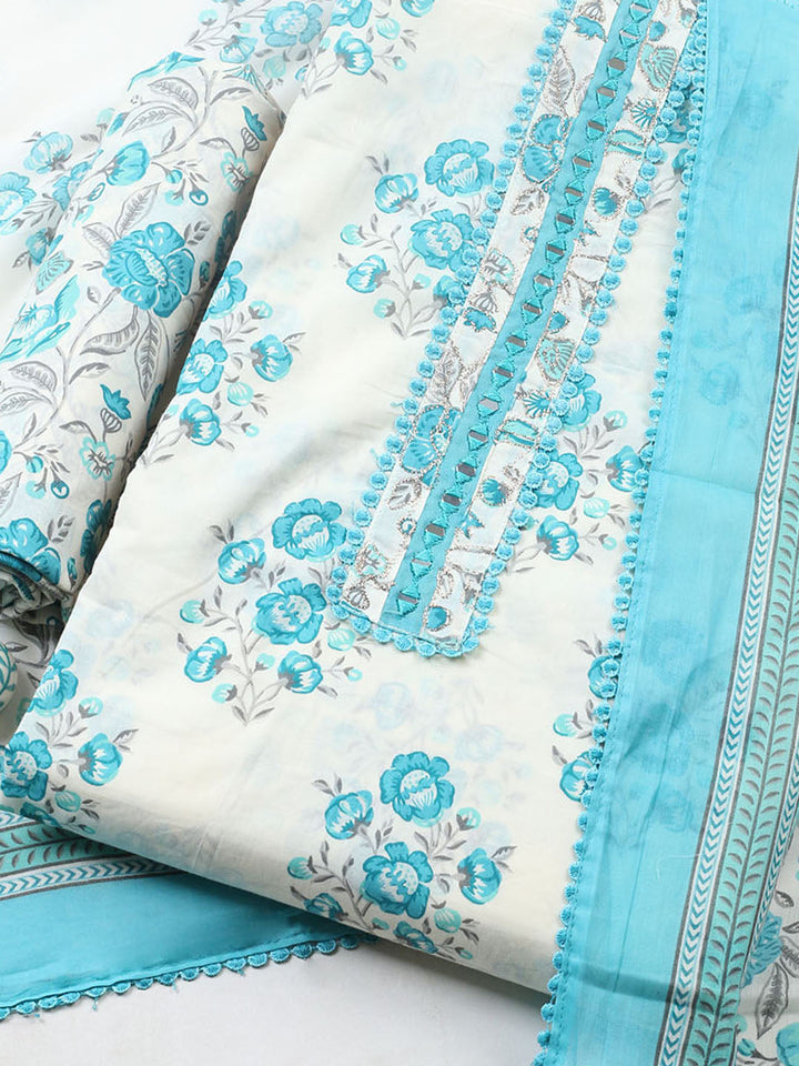 Embellished Cotton Blend Unstitched Suit With Pant Dupatta