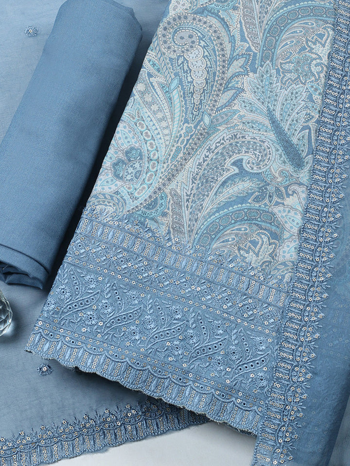 Embroidered Chanderi Unstitched Suit With Pant &amp; Dupatta