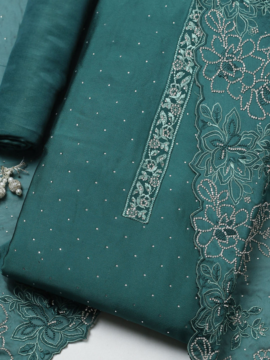 Embellished Art Silk Unstitched Suit With Pant &amp; Dupatta