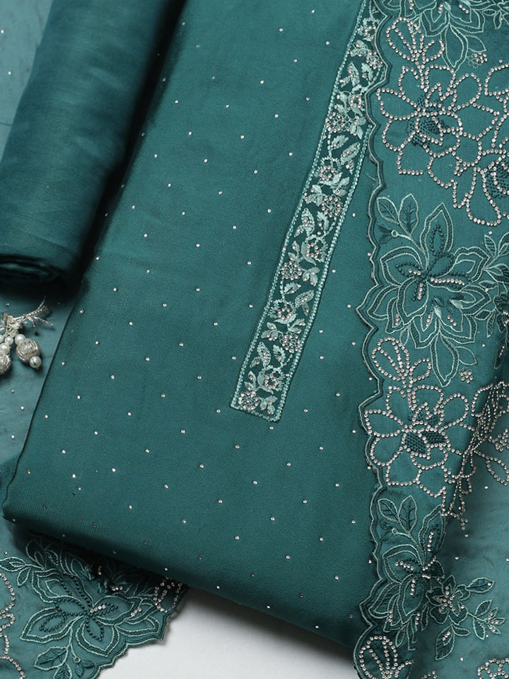 Embellished Art Silk Unstitched Suit With Pant &amp; Dupatta