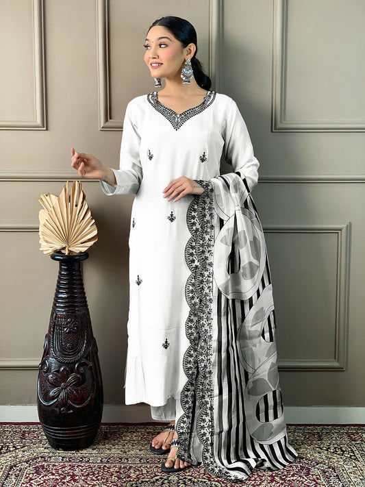 Neck Embroidered Cotton Blend Kurta With Pants & Dupatta