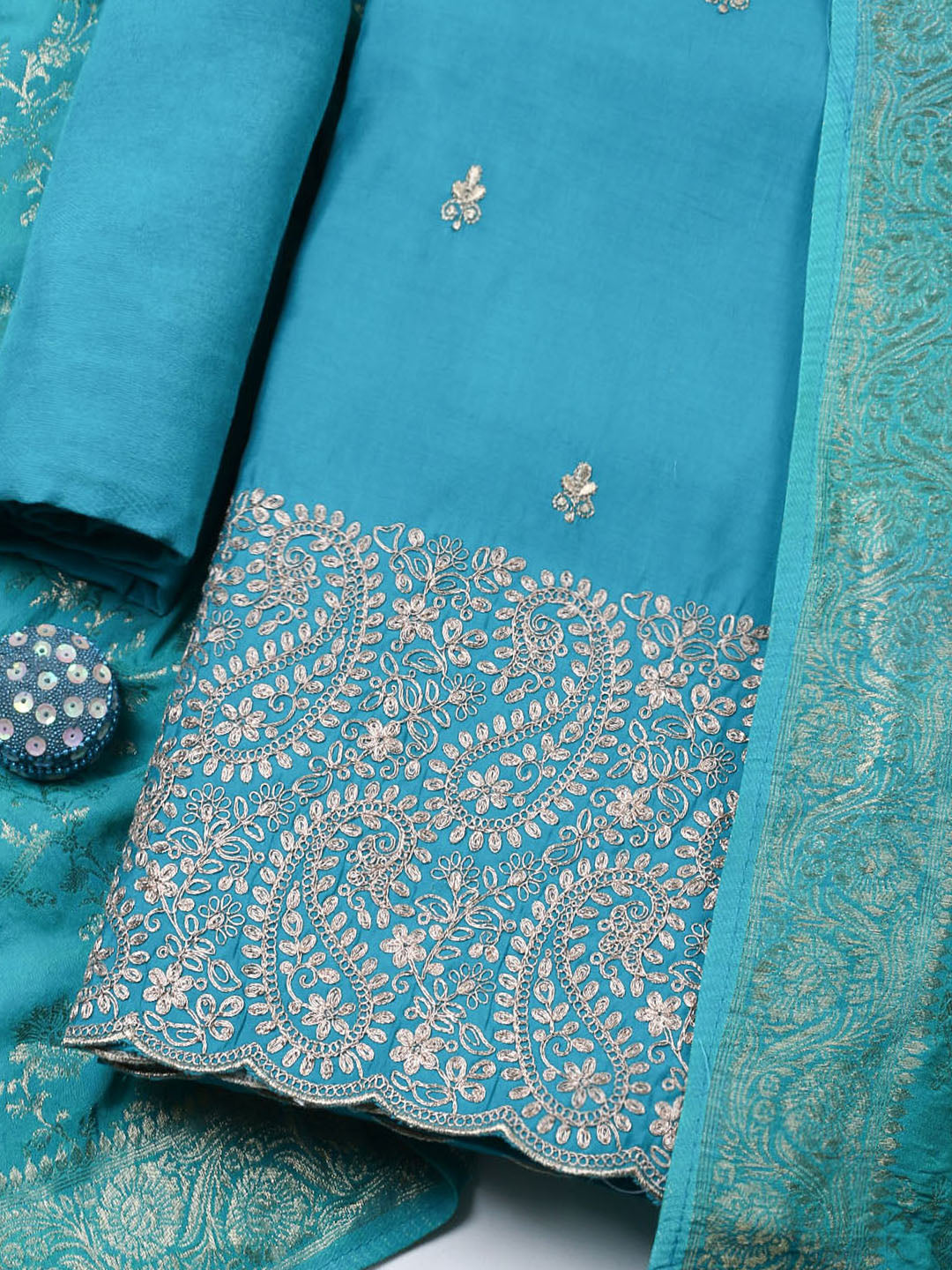 Woven Design Chanderi Unstitched Suit With Pant &amp; Dupatta