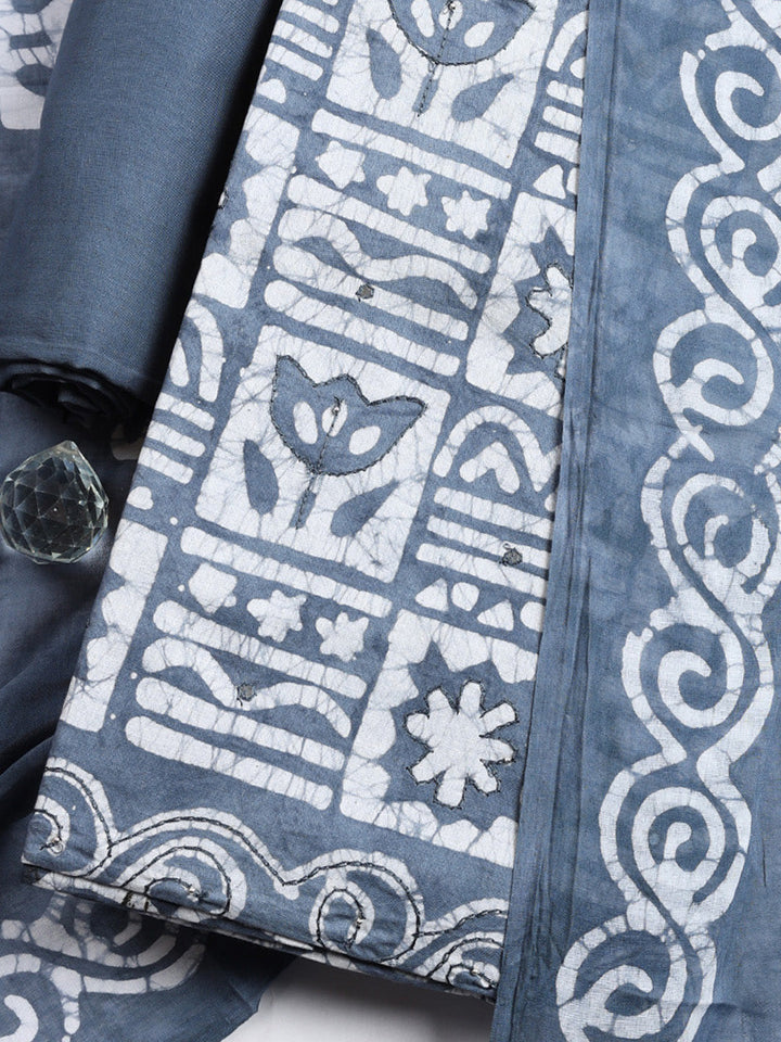 Printed Cotton Blend Unstitched Suit With Pant &amp; Dupatta