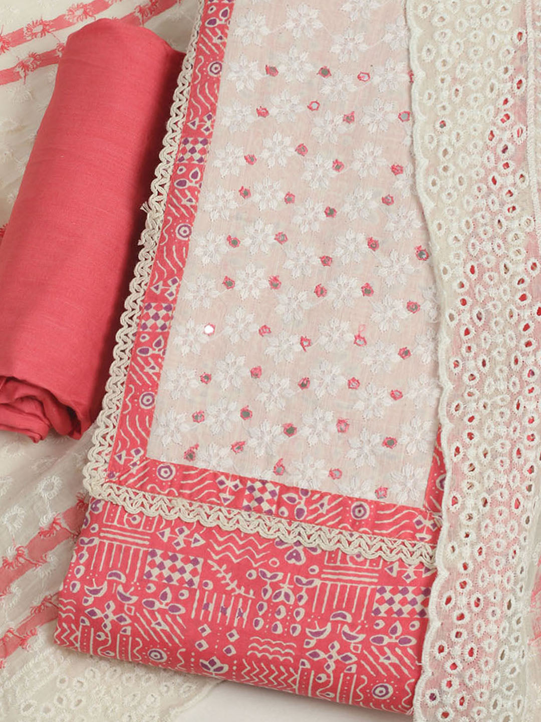 Printed Cotton Unstitched Suits Printed Suit With Pant &amp; Dupatta